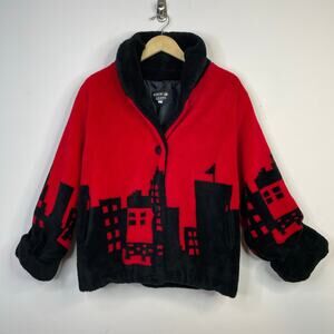 Nordic Lights Vintage 90s Fleece Jacket Cityscape Skyline City Red Black Women L